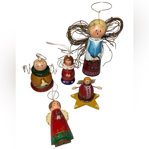 Handpainted Wood Angel Ornaments lot of 5 - Picture 1 of 7